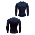 Detail of dark blue long sleeve compression shirt with breathable stretch fabric - Blue + Blue