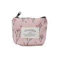 Pink canvas coin purse with red berry floral pattern and zipper for small items - Pink