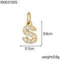 Detailed macro view of gold letter S pendant with clear micro-pave crystals and dimensions - Letter S / Gold