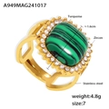Anillo vintage de acero inoxidable dorado con malaquita verde y borde de circonitas - Turquesa verde natural (Talla 7) / Dorado