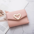 Short tri-fold pink PU leather wallet for women with golden heart-shaped metal buckle - Pink