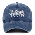 Detail of white 3D gothic embroidery on washed navy blue cotton denim baseball cap - Navy Blue