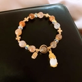 Multicolor crystal bead bracelet with gold clover charms and a lucky Fu pendant - Fortune Four-leaf Clover Rutilated Quartz PiXiu Bracelet (With Gift Box)
