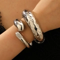 Silver-tone geometric spring open bangle set with irregular wavy texture and pavé crystals - Wave + Paved Rhinestone Bangle (71) / 2 Pcs/Set / Silver