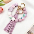 Purple floral silicone bead keychain bracelet with leather tassel and gold lobster clasp - Purple Tie-Dye