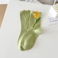 Pale green cotton mid-calf socks featuring a vibrant tulip flower embroidery detail - One Size / Green