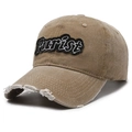 Distressed khaki baseball cap with Purist embroidery and vintage ripped brim detail - Adjustable / Khaki
