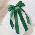 Green satin double-layered bow hair clip with long ribbons on white textured background - Green (4)