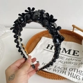 Handmade black flower headband with geometric beads and pearls for women - Black