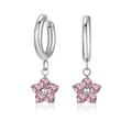 Titanium steel hoop earrings featuring delicate pink zircon flower pendants in silver finish - Steel Color + Pink Zirconia