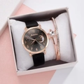 Women's quartz watch and bracelet gift set with moon motif and rose gold details - Watch + Bracelet + Box / Black