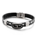 Men's multilayer black leather bracelet with silver pig nose stainless steel buckle - 19cm / Steel Color (KB146903-KLHQ)