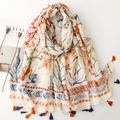 Bohemian beige scarf with orange marine life patterns and colorful fringe tassels - Orange Blue Sea Life Geometric (SL2506-005)