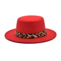 Classic red wool fedora hat with a trendy leopard print band and gold metal rivet detail - M (56-58cm) / Red