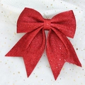 Red glitter Christmas bow ornament with gold string and sparkly star mesh background - Red Large Bow