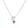 Silver heart pendant necklace with red gemstone and OT clasp for women - Silver Base Red Zirconia