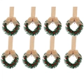Set of 8 mini Christmas wreaths with pine needles, red berries, and burlap ribbon bows - Burlap Ribbon / Set of 8