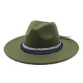 Olive green cashmere felt fedora with 9.5cm wide brim and ethnic style beaded band - M (56-58cm) / Army Green