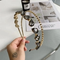 Golden double-row headband with teardrop grey crystals and sparkling rhinestones - Water Drop Grey