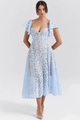 Close-up of light blue lace embroidery and ruffled short sleeves on a V-neck maxi dress - S / Blue