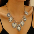 Vintage silver chunky chain necklace with seven diverse sacred heart charms for women - Sacred Heart Multi-pendant Necklace / Antique Silver Necklace