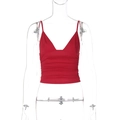 Detail shot of a red V-neck crop top with textured pleats on a white background - S / Red