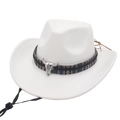 Dettaglio cappello da cowboy in feltro bianco con testa di toro argentata e fascia etnica - Taglia unica / Bianco (Toro Etnico)