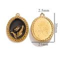 Gold and black enamel tulip oval pendant in 30x21mm vintage style for jewelry DIY - Oval Floral Relief Pendant / Black