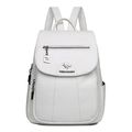 Women's white soft leather backpack with silver zippers and front kangaroo logo - White