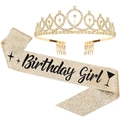 Sparkling champagne gold Birthday Girl sash with rhinestones crown tiara party set - Set 17 (Champagne Gold Birthday Girl)