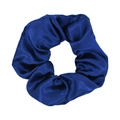 Close-up of a blue satin scrunchie showing glossy silk-like fabric and textured pleats - Navy Blue