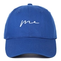 Detailed close-up of blue cotton baseball cap with white me letter embroidery - Adjustable / Sapphire Blue