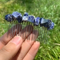 Handmade hair comb featuring raw irregular dark blue crystal stones on silver metal pins - Lapis Lazuli Silver Comb Silver Wire