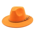 Close-up of bright orange wool fedora hat featuring a brown braided leather band with tassels - M (56-58cm) / Orange