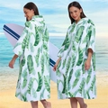 Microfiber hooded beach poncho with green tropical leaf print for surfing and changing - Sleeved Zipper Style - Banana Leaves