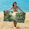 Tropical rainforest print microfiber beach towel with palm tree pattern displayed on beach - B34-Vintage Jungle Palm Rainforest