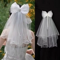 Luminous white bridal veil with large bow, pearls and beaded tassels on stiff mesh - Pearl Chain Veil (Without Light)