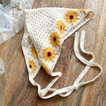 Handmade crochet triangle bandana with yellow sunflower pattern on ivory knit fabric - Off-White Daisy
