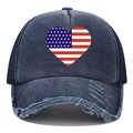 Detail of distressed brim and American flag heart print on washed denim baseball cap - One Size / Navy Blue