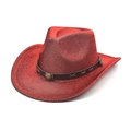 Chapeau de cowboy rouge à paillettes avec bande en cuir marron et boucle dorée rétro - M(56-58cm) / Rouge