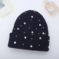 Deep blue ribbed knit beanie featuring elegant white pearls and metallic bead accents - Blue