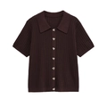 Women's chic dark brown openwork knit polo top and matching trousers set with silver buttons - S / Tops