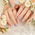 Press on nails in gradient pink and purple with white snowflake patterns and glitter - Pink Purple Gradient Snowflake (JP2699)