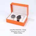 Orange double slot watch storage box with white velvet pillows and flip-top lid - Long Pillow Style / Orange