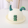 Kinder Strohhut in Cremeweiß mit süßem 3D-Plüsch-Dino und Stickerei für Sommer - 52cm Umfang (2-6 Jahre) / Cremeweißer Hut