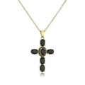 Macro view of gold-plated cross pendant featuring oval black stones and fine pavé setting - Black (21614)