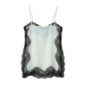 Close-up of white satin camisole featuring black lace trim and adjustable straps - Black and White Patchwork