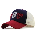 Navy and red mesh trucker hat featuring white number 6 and NY embroidery on white background - Burgundy