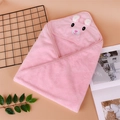 Pink hooded baby towel in soft coral fleece featuring 3D rabbit ears and embroidery - Pink Rabbit