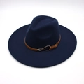Detailed close-up of navy blue fedora hat with brown leather band and gold buckle - Navy Blue (Heart Buckle)